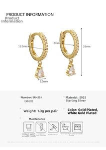 Detailed view of S925 sterling silver hoop earrings with pear-cut cubic zirconia drops