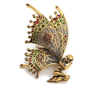 Vintage style butterfly fairy brooch with colorful enamel wings in antique gold finish