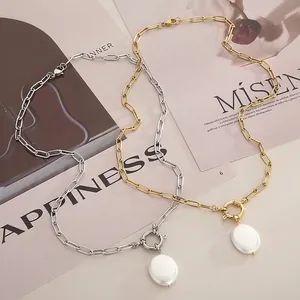 Stainless Steel Paperclip Chain Necklace With Large White Shell Artificial Pearl Pendant Baroque Minimalist Elegant Jewelry For Women
