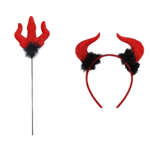Halloween Teufelskostüm-Set mit glitzerndem Teufelshörner-Haarreif und Dreizack-Stab