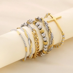 Two Tone Gold Silver Stainless Steel Bracelet Mixed Chain Beaded Rope Snake Geometric Jewelry For Men Women