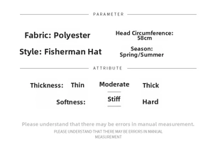 Tabella dei parametri del cappello da pescatore in poliestere con taglia 58 cm