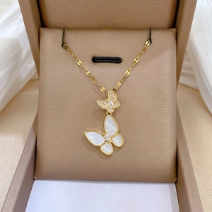 Butterfly Pendant Necklace Titanium Steel Copper Mother Of Artificial Pearl Zircon Light Luxury Clavicle Chain Jewelry For Women