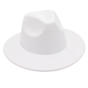 Close-up of a white wool felt fedora hat featuring a classic crown and wide flat brim