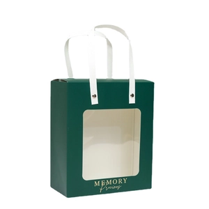 Dark green cardstock gift bag with clear PVC window and white braided handles