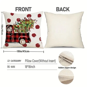 Detail of 18x18 inch Christmas pillow case with red truck, tree, and invisible zipper