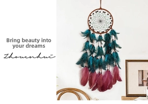 Macro detail of a dreamcatcher showing woven mesh with teal and plum feathers