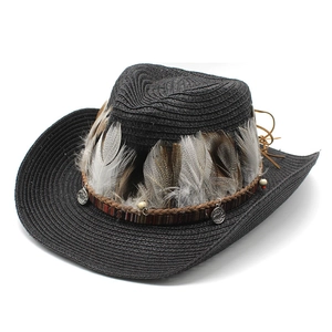 Bohemian Western Cowboy Straw Hat Wide Brim With Feather Ethnic Band Metal Coins Sun Protection Beach Travel
