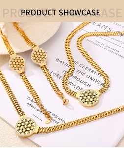 Vue détaillée de la parure de bijoux en acier doré avec motifs de fleurs ajourées