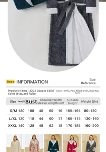 Detailed size guide for double-layered jacquard flannel bathrobe with model color comparison