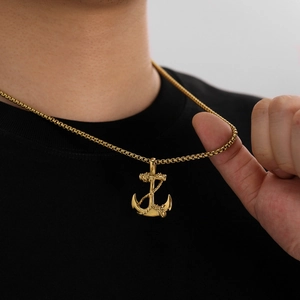 Vintage gold anchor cross pendant necklace for men made of durable stainless steel