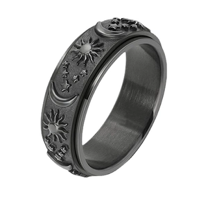 Rotatable stainless steel anxiety ring featuring black sun moon and stars relief patterns