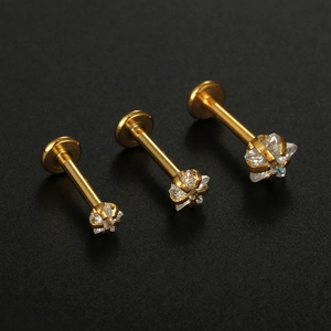 316L stainless steel gold labret piercing with star shaped clear zircon stones