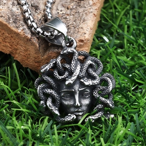 Retro stainless steel Medusa snake hair pendant necklace with antique silver finish