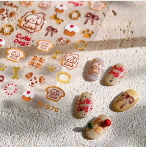 Detail of M-970 cute dog nail stickers with toast and cupcake patterns on beige nails