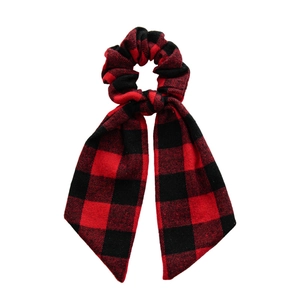 Christmas buffalo plaid hair scrunchie with bow tie tail for holiday ponytail styling