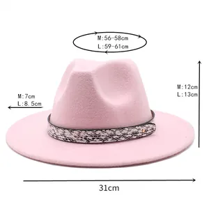 Detailed size chart for pink wool fedora hat with brim and height measurements in cm