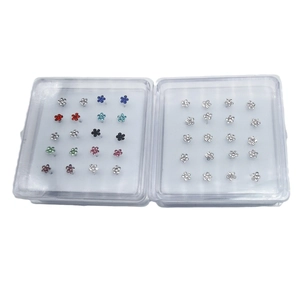 Box of 20 pieces 925 sterling silver nose studs in colorful flower shapes with crystals