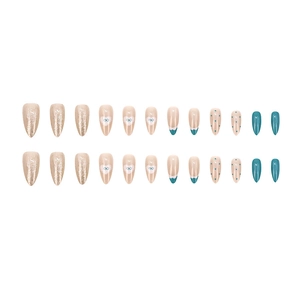 24pcs French style almond press-on nails with blue tips, glitter, and heart bow designs