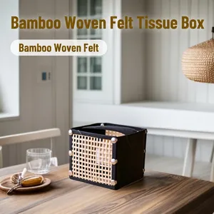 Bamboo and felt tissue box holder with metal rivets for living room home decor