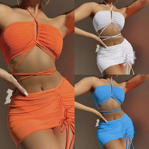 Bikini Swimsuit Top Bottom And Skirt Textured Ruched Fabric And Mesh Halter Lace Up Drawstring Beachwear Vacation Women
