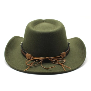 Olive green wool cowboy hat with brown leather strap and decorative metal studs