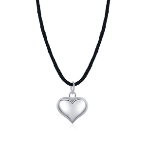 Minimalist S925 sterling silver heart pendant on a black woven rope chain necklace