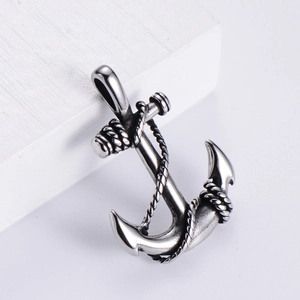 Nautical Anchor Pendant Necklace 304 Stainless Steel Rope Wrap Vintage Retro Punk Style Unisex Jewelry Box Chain