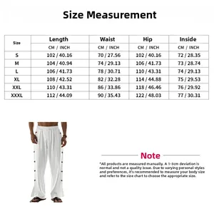 Detailed size chart for linen trousers with measurements for waist, length, and hips