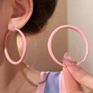 Pink enamel large hoop earrings for women with a matte finish for summer sweet style