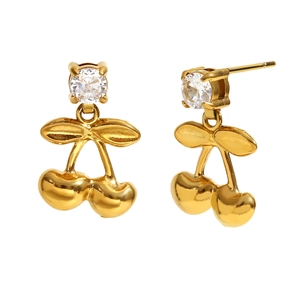 Boucles d'oreilles cerises en acier inoxydable plaqué or 18K avec zircon cubique