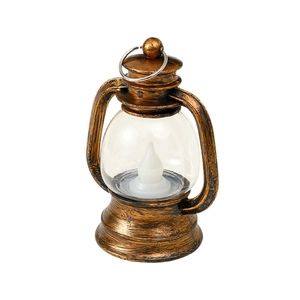 Retro LED lantern in brushed bronze with hanging ring and warm flame bulb centerpiece