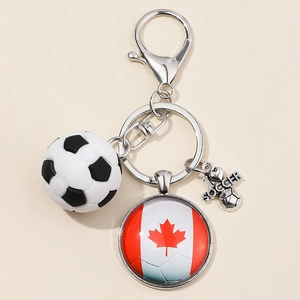 Silver metal soccer keychain with I Love Soccer charm and Canada flag glass gem pendant