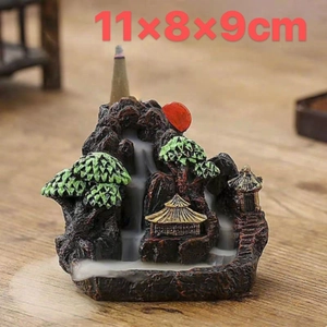 Detailed view of resin incense burner landscape design showing 11x8x9cm size and mist flow