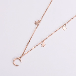 Collier lune et étoiles en or rose orné de zircons brillants pour femme