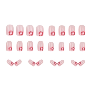 Short pink press-on nails with red flower patterns in a 24-piece manicure set layout
