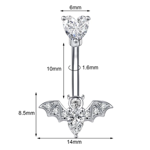 Silver bat belly button ring with cubic zirconia heart and size measurements