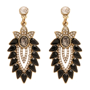 Retro dark floral drop earrings with black leaf crystals and grey oval gemstones