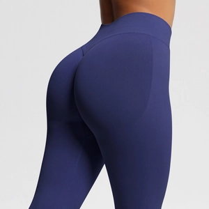 Close-up of seamless dark blue yoga pants featuring high waist and peach butt lift effect