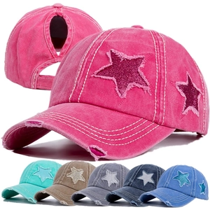 Ponytail Baseball Cap Washed Cotton Denim Distressed Frayed Edge Star Sequin Patch Retro Adjustable Hat Women Girls Casual