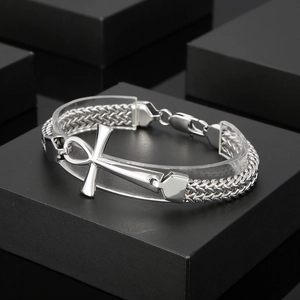 Silbernes Edelstahl-Armband mit doppelt gewebter Kette und Ankh-Kreuz-Anhänger