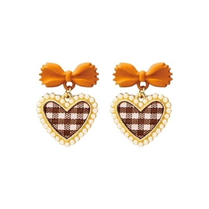 S925 silver needle bow earrings with heart-shaped pearl pendants and plaid fabric patterns