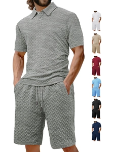 Detailed view of the textured herringbone jacquard fabric on various summer polo sets
