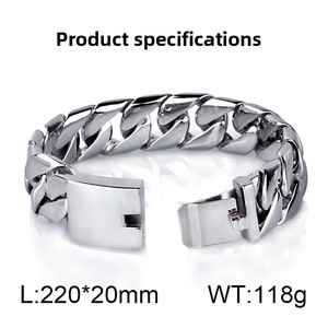 Macro shot of 20mm wide silver Cuban link bracelet showing specs and dimensions