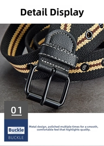Macro view of black alloy buckle and striped canvas belt with reinforced eyelets