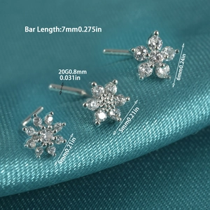 L-shaped flower nose studs with silver finish and zircon featuring detailed size dimensions