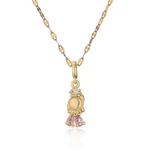 Detailed close-up of gold princess necklace featuring pink pear-shaped gemstones and zircon
