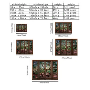 Size guide table for forest landscape wall tapestry with dimensions in cm and inches
