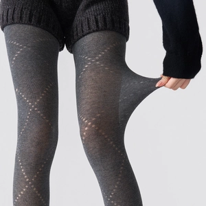 Retro dark grey diamond pattern tights with high elasticity hollow knit texture