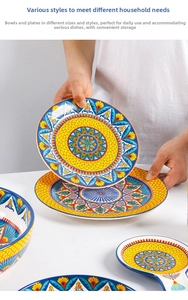 Detail showing hand-painted ceramic dinnerware set with colorful mandala patterns